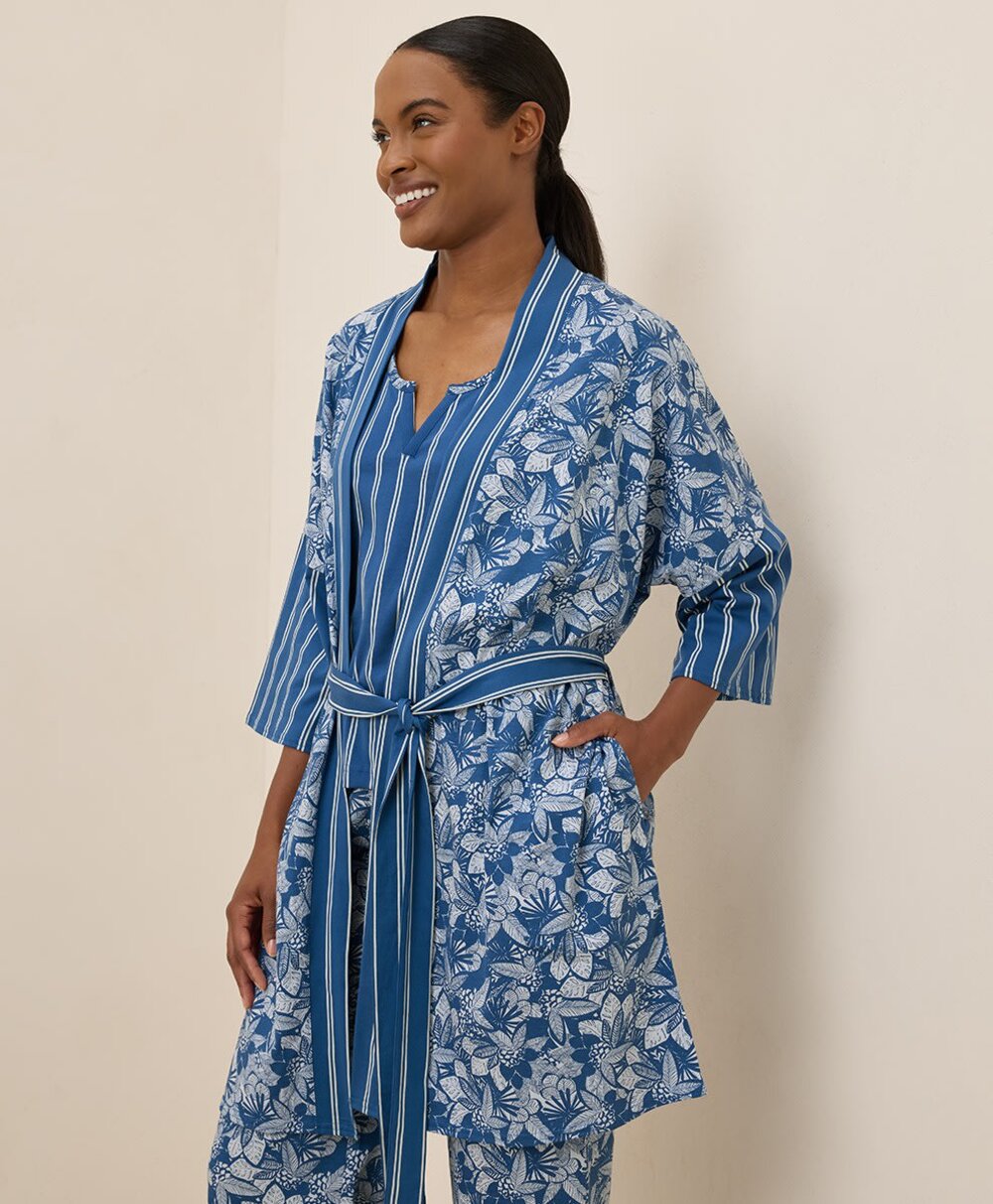 Pact Staycation Short Robe Isle Stripes Blue White XS/S